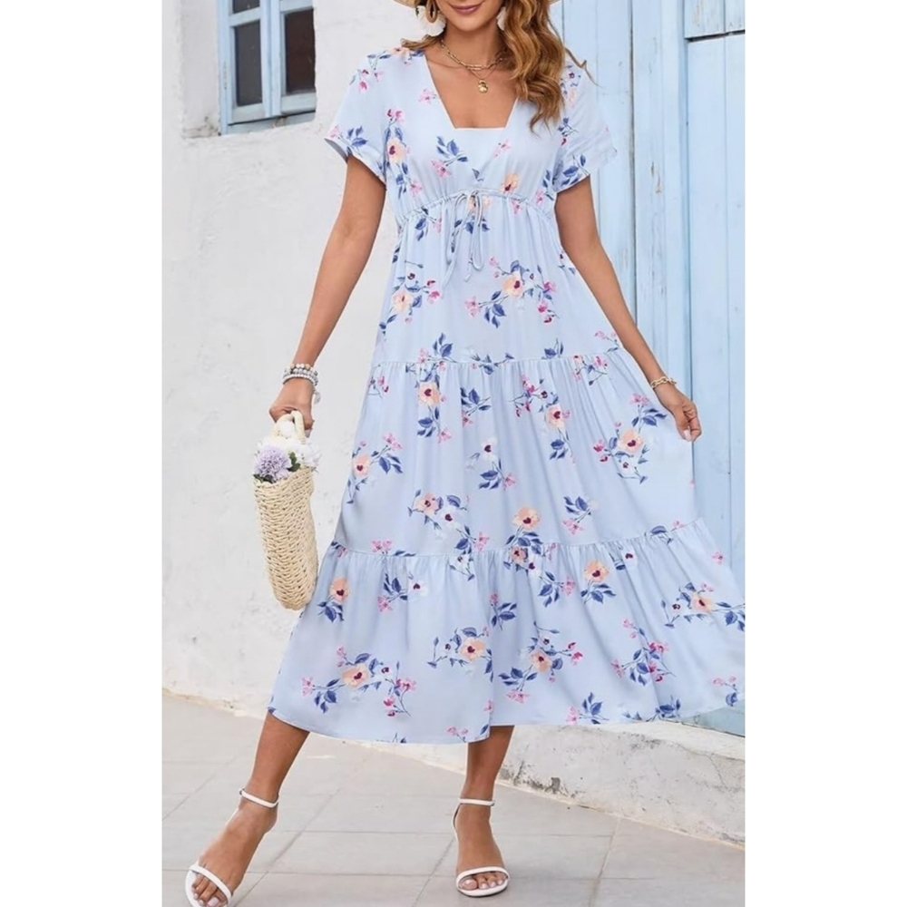 High Waisted A-Line Floral Vneck dress Light Blue Size M